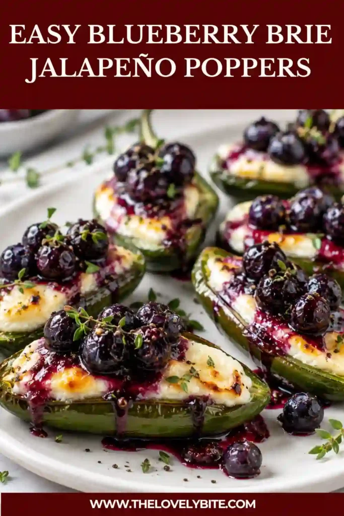 Freshly baked Blueberry Brie Jalapeño Poppers topped with warm blueberry glaze, fresh thyme, and black pepper flakes. The creamy melted brie contrasts beautifully with the roasted jalapeños and vibrant berries.