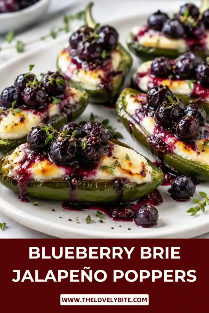 A serving platter filled with gourmet jalapeño poppers stuffed with creamy brie and finished with homemade blueberry sauce. Fresh herbs add color and flavor to this elegant appetizer.