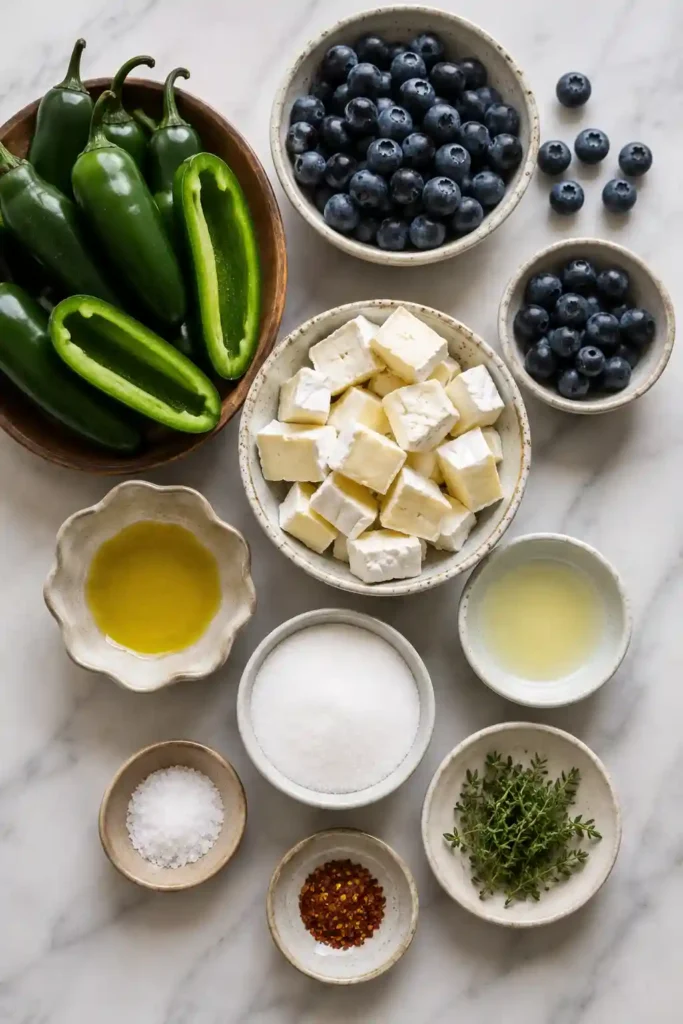 Warm baked jalapeño poppers filled with melted brie cheese and spooned with homemade blueberry sauce on a serving tray. Fresh thyme finishes this elegant appetizer.