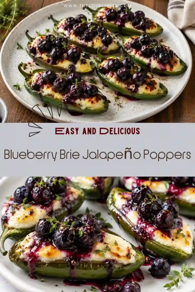 Close-up of baked Blueberry Brie Jalapeño Poppers topped with fresh blueberries and herbs. The creamy cheese and roasted peppers create a colorful party appetizer.