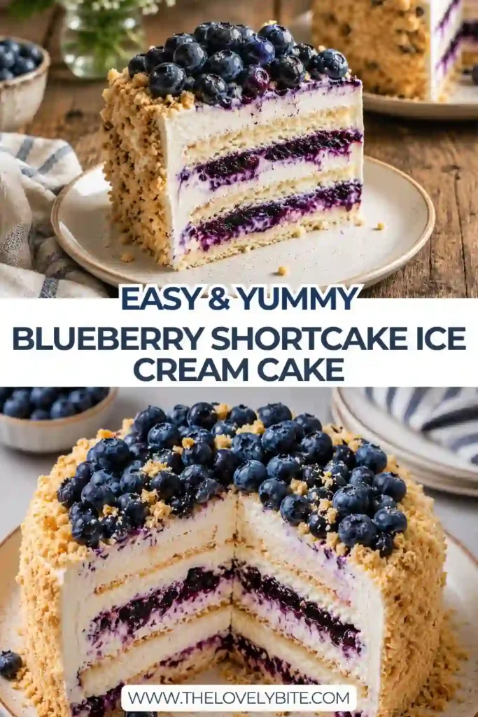 A slice of Blueberry Shortcake Ice Cream Cake showing distinct layers of blueberry filling, vanilla ice cream, and fluffy cake. Perfect for summer dessert tables.