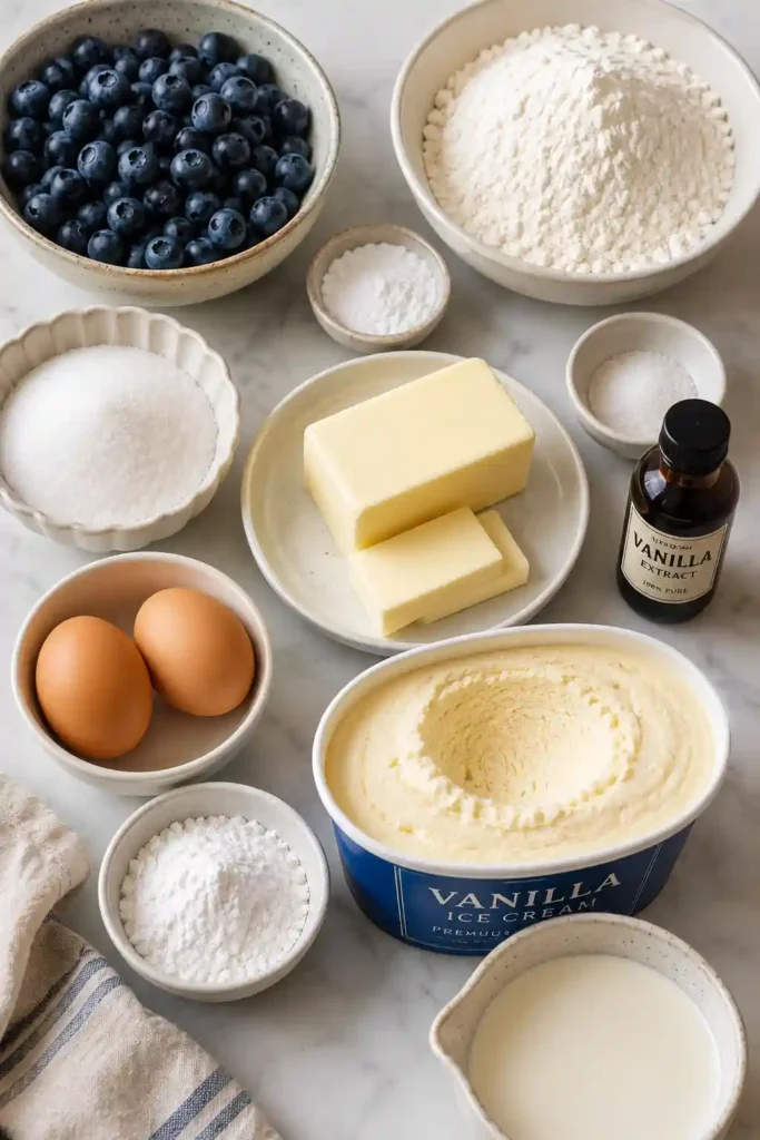 Blueberry Shortcake Ice Cream Cake topped with fresh whipped cream and juicy blueberries. The frozen layered dessert features homemade shortcake and creamy vanilla ice cream.