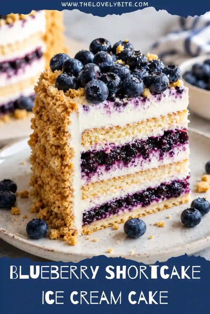 Homemade Blueberry Shortcake Ice Cream Cake decorated with fresh blueberries and whipped cream. This layered frozen dessert is creamy, fruity, and refreshing.