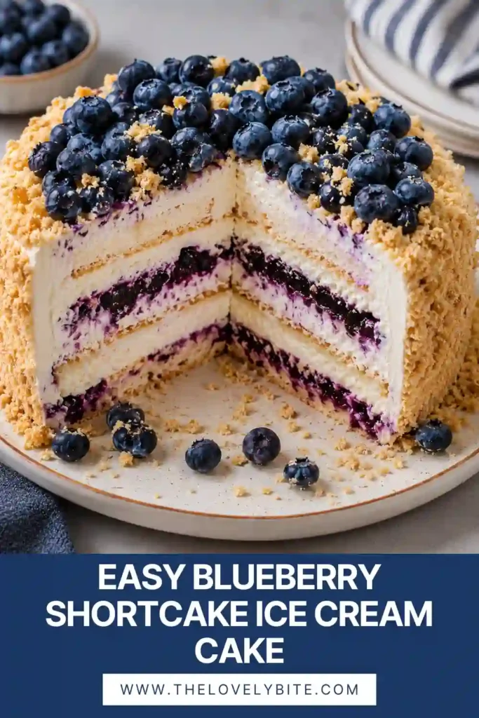 Easy Blueberry Shortcake Ice Cream Cake served on a dessert plate with fresh blueberries. The chilled cake is ideal for birthdays and summer celebrations.
