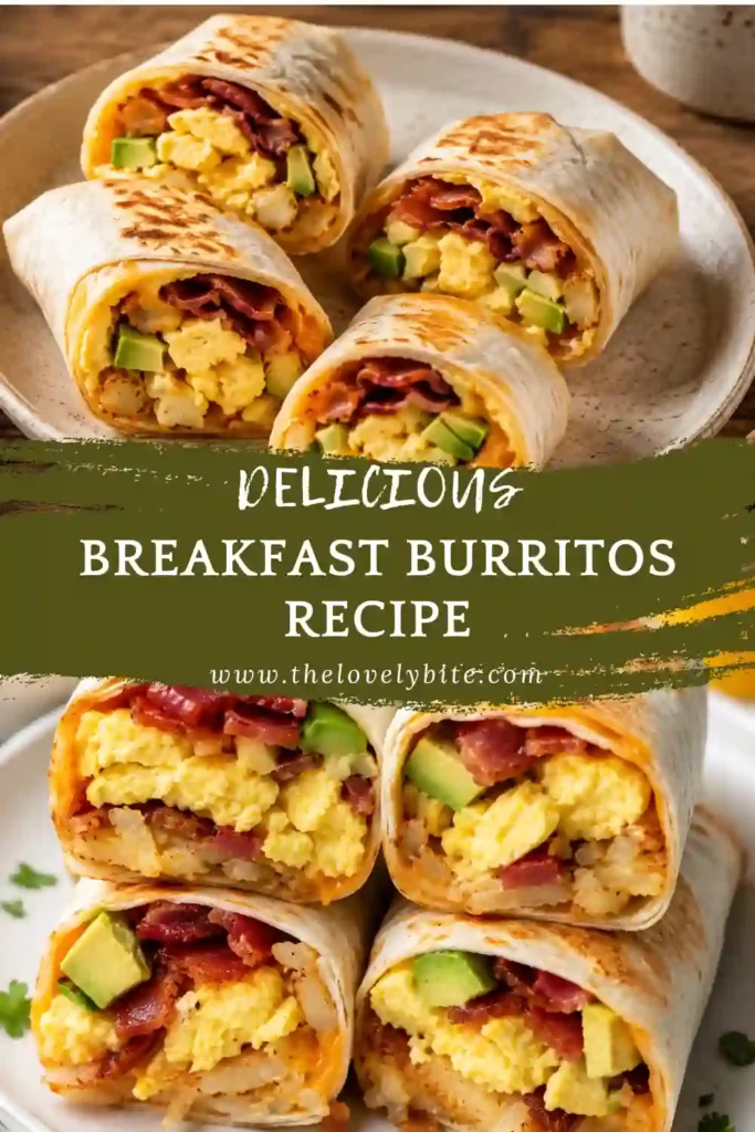 Freshly made Breakfast Burritos sliced in half, revealing fluffy scrambled eggs, crispy hash browns, melted cheese, turkey ham, avocado, and salsa wrapped in a toasted tortilla. A hearty homemade breakfast that's perfect for meal prep.