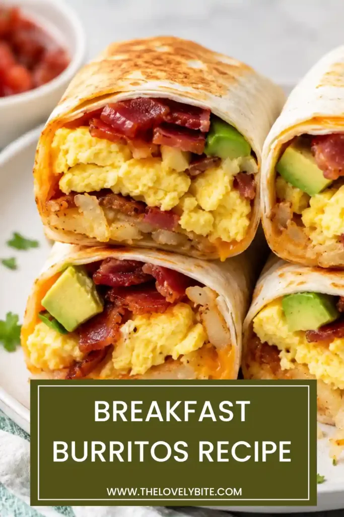 Close-up of homemade Breakfast Burritos filled with scrambled eggs, turkey ham, hash browns, jalapeños, cheese, and avocado. A satisfying freezer-friendly breakfast recipe.