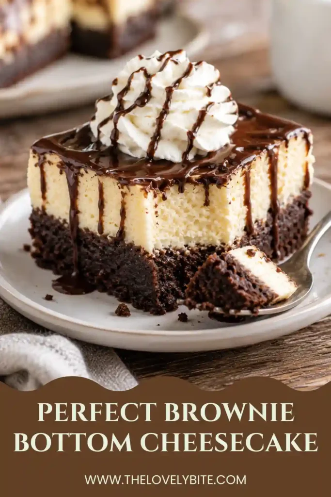 A slice of Brownie Bottom Cheesecake topped with whipped cream and glossy hot fudge sauce. The creamy cheesecake sits on a thick, fudgy brownie crust for a decadent chocolate dessert.