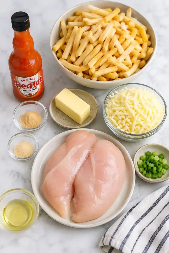 A tray of Buffalo Chicken Fries topped with crispy French fries, juicy buffalo chicken, melted Monterey Jack cheese, and sliced green onions. The cheesy fries are golden, flavorful, and ready to serve with ranch dressing.