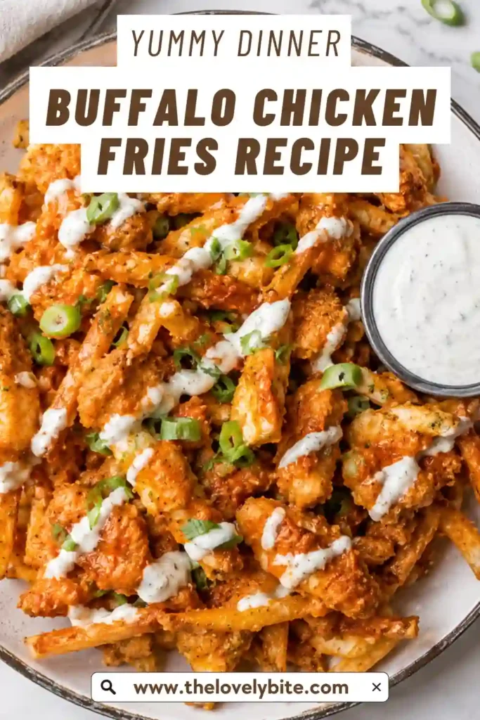 Close-up of Buffalo Chicken Fries with melted cheese stretching over crispy fries and tender chicken. Garnished with sliced green onions for a colorful presentation.