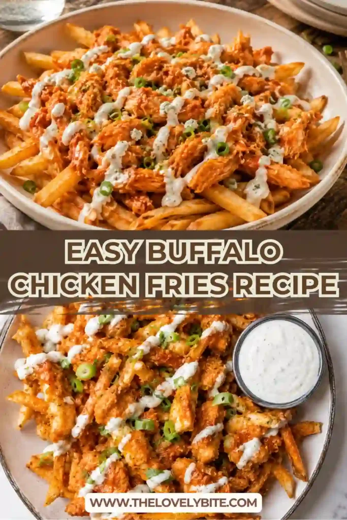 A serving platter of Buffalo Chicken Fries prepared for a party with ranch dressing on the side. Crispy fries, spicy chicken, and melted cheese create an irresistible appetizer.