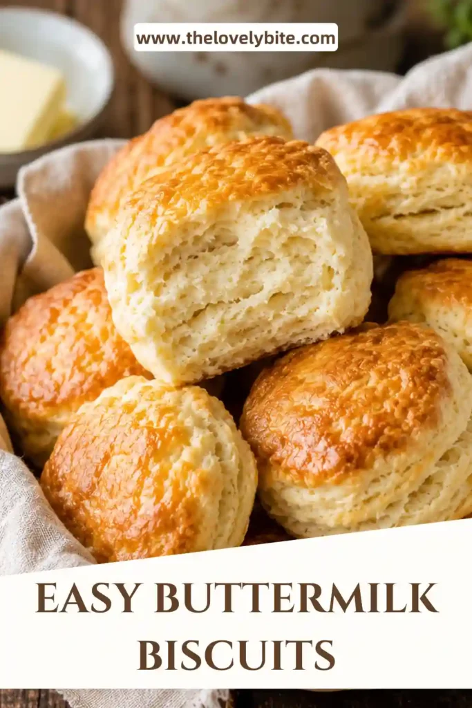 Freshly baked Buttermilk Biscuits with flaky golden layers are arranged on a serving plate. The homemade biscuits have a buttery texture and are perfect for breakfast or brunch.