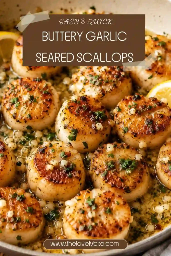 Restaurant-style garlic butter scallops cooked in a cast iron skillet with fresh lemon slices. The scallops are tender, juicy, and finished with fragrant parsley for a quick seafood recipe.