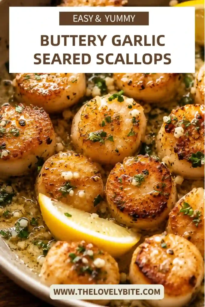 Pan seared scallops topped with melted garlic butter and chopped parsley on a serving plate. Fresh lemon wedges complete this elegant seafood dinner for any occasion.