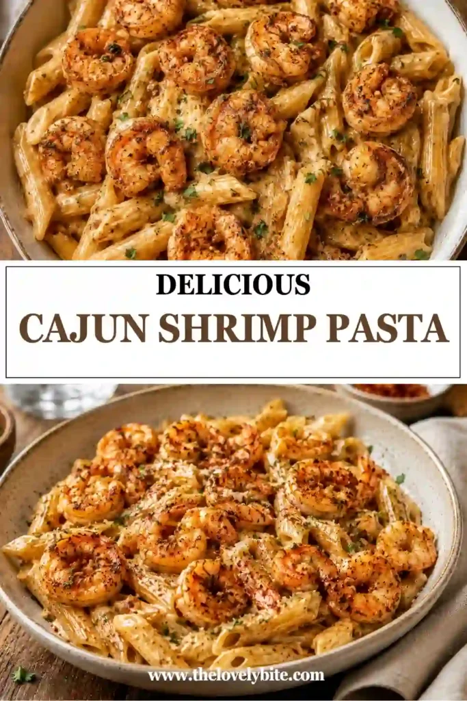 Close-up of homemade Cajun Shrimp Pasta featuring perfectly cooked shrimp coated in creamy Parmesan sauce over penne pasta. Ideal for a comforting family dinner.