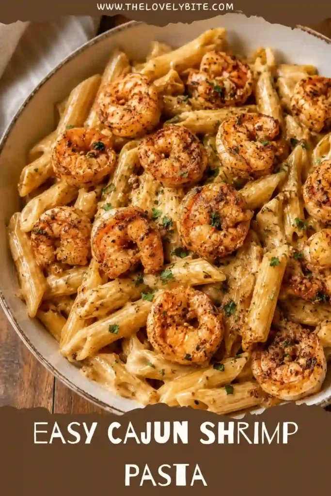 A bowl of creamy Cajun Shrimp Pasta with tender shrimp, penne pasta, and Parmesan cream sauce. The rich Cajun seasoning gives the dish a beautiful golden color and bold flavor.
