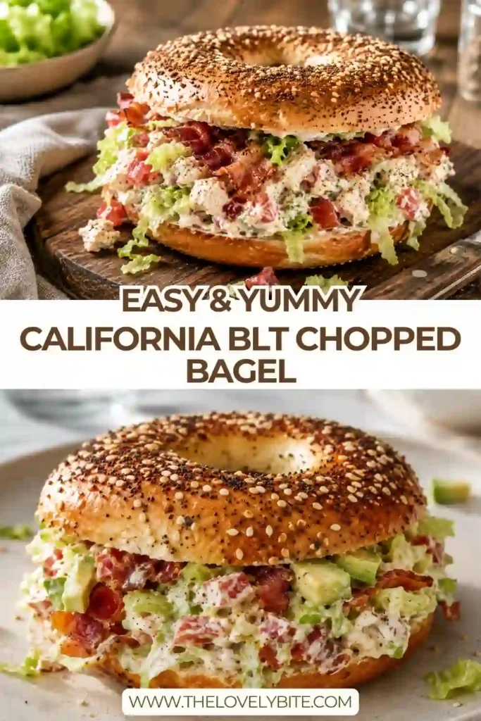 A freshly toasted everything bagel stuffed with a chopped BLT mixture, avocado, lettuce, tomato, and cream cheese. The sandwich offers a perfect balance of creamy and crunchy textures.