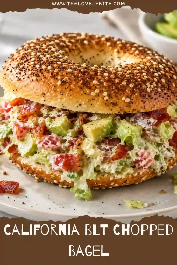 A close-up of a California BLT Chopped Bagel served on a wooden board with fresh avocado and tomato. The toasted bagel is generously filled with a chopped creamy mixture.