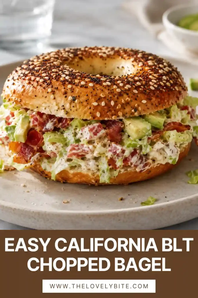 A homemade California BLT Chopped Bagel made with everything bagel seasoning, turkey bacon, avocado, lettuce, tomato, and cream cheese. The sandwich is vibrant and freshly prepared.
