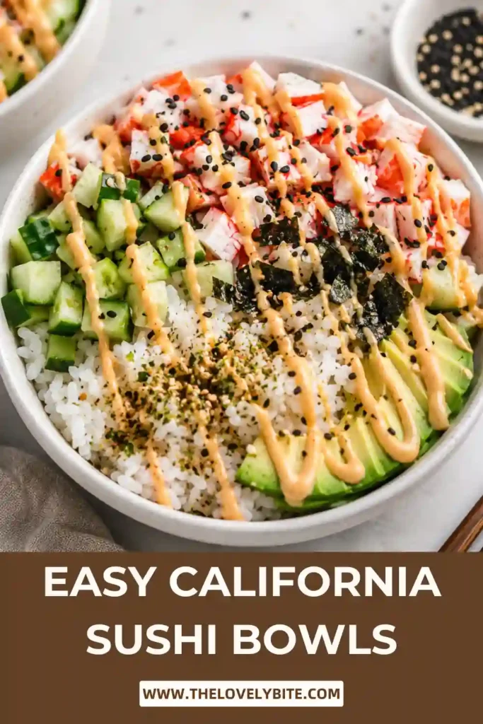 California roll bowl loaded with sushi rice, avocado, cucumber, imitation crab, chopped nori, and sesame seeds. A delicious homemade sushi bowl recipe that's quick and satisfying.