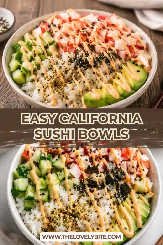 A colorful bowl of California Sushi Bowls topped with imitation crab, avocado, cucumber, spicy mayo, sesame seeds, and nori. This easy sushi bowl recipe offers fresh homemade California roll flavors.