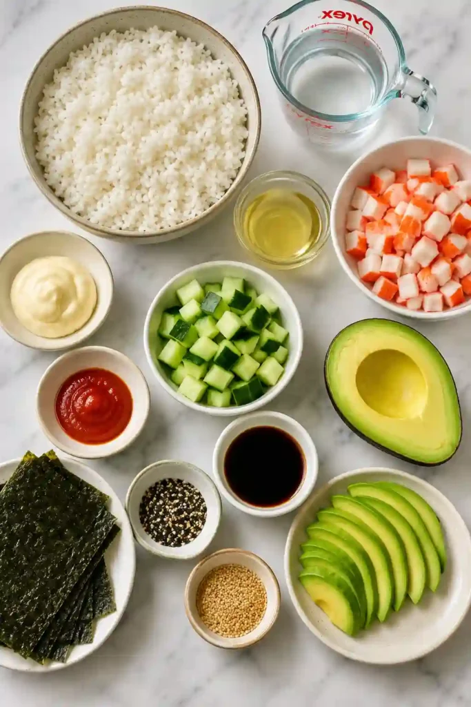 Homemade California Sushi Bowls featuring fluffy sushi rice, sliced avocado, spicy mayo drizzle, imitation crab, and toasted sesame seeds. An easy Japanese-inspired rice bowl.