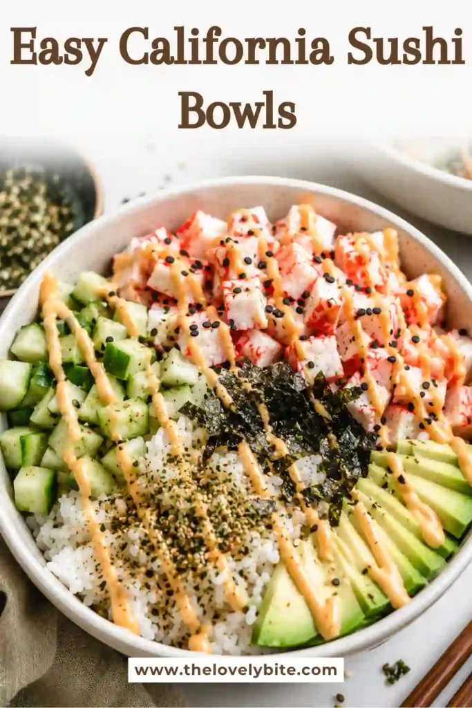 Fresh California Sushi Bowls served with seasoned sushi rice, creamy avocado, imitation crab, cucumber, and furikake. A vibrant deconstructed sushi bowl perfect for lunch or dinner.