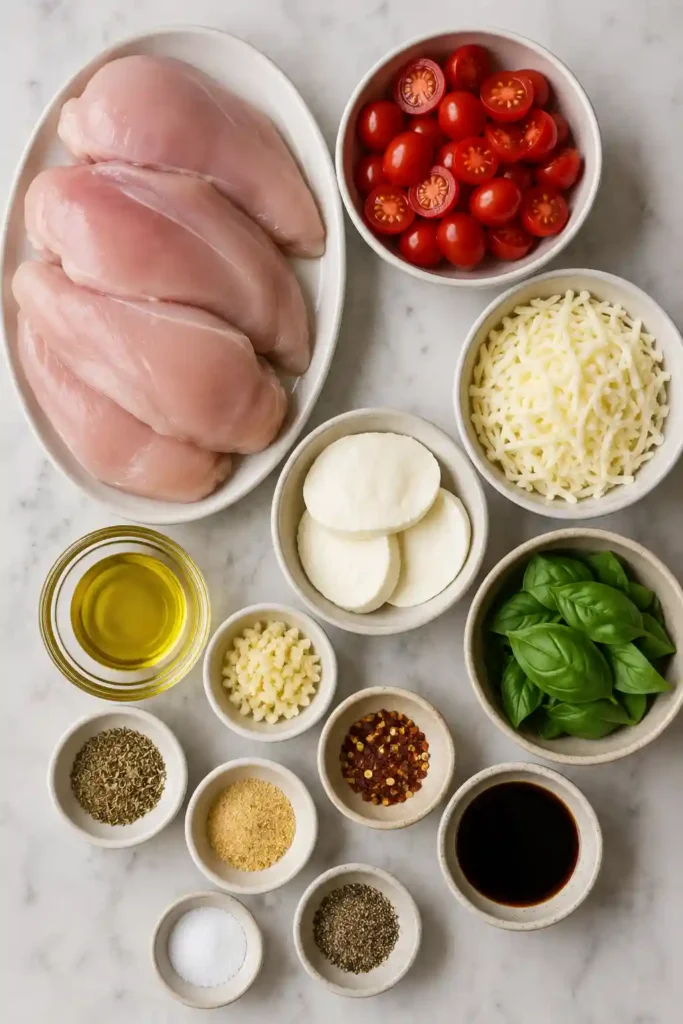 Caprese Chicken Casserole baked with juicy chicken breasts, melted mozzarella, cherry tomatoes, fresh basil, and balsamic glaze. This easy Italian-inspired dinner is colorful and comforting.