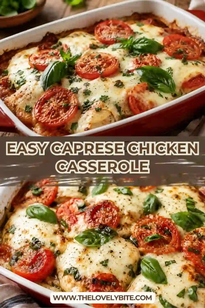 Freshly baked Caprese Chicken Casserole topped with golden mozzarella, ripe tomatoes, basil leaves, and balsamic glaze. A healthy chicken bake perfect for family meals.