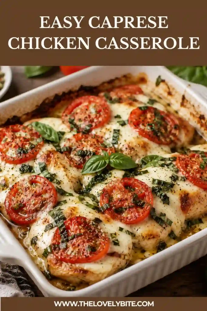 A serving of Caprese Chicken Casserole featuring tender chicken, creamy mozzarella cheese, roasted cherry tomatoes, and fresh basil. This baked chicken recipe is rich in Italian flavors.