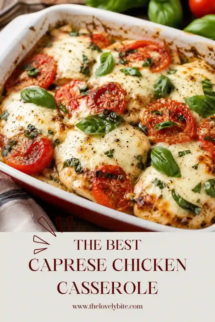 Golden baked Caprese Chicken Casserole garnished with basil and balsamic glaze alongside roasted tomatoes. An easy low-carb chicken dinner ready in under an hour.