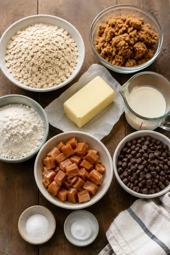 Freshly baked Carmelita Recipe bars with buttery oat crumble, gooey caramel, and melted milk chocolate layers. These easy caramel bars are sliced into perfect dessert squares and served on a wooden platter.