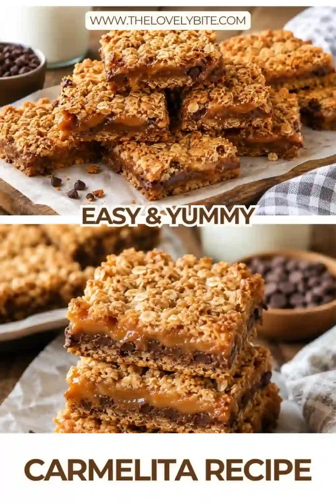 Close-up of homemade oatmeal caramel bars topped with buttery oat crumble and filled with melted chocolate and caramel. Freshly baked and ready to serve.