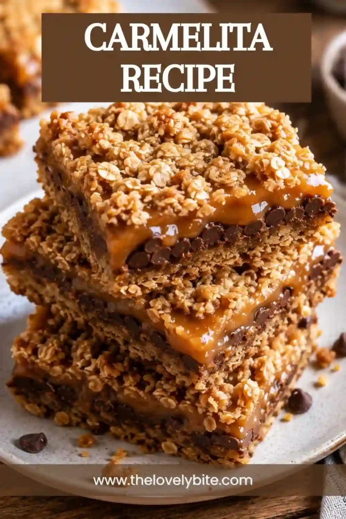 Stacked caramel oat bars showing gooey caramel filling and rich chocolate between crisp oatmeal crust layers. A delicious homemade dessert.