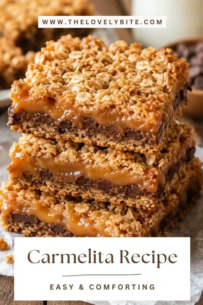 Golden Carmelita dessert bars cooling after baking with melted chocolate and soft caramel visible between oat layers. Freshly baked and ready to slice.