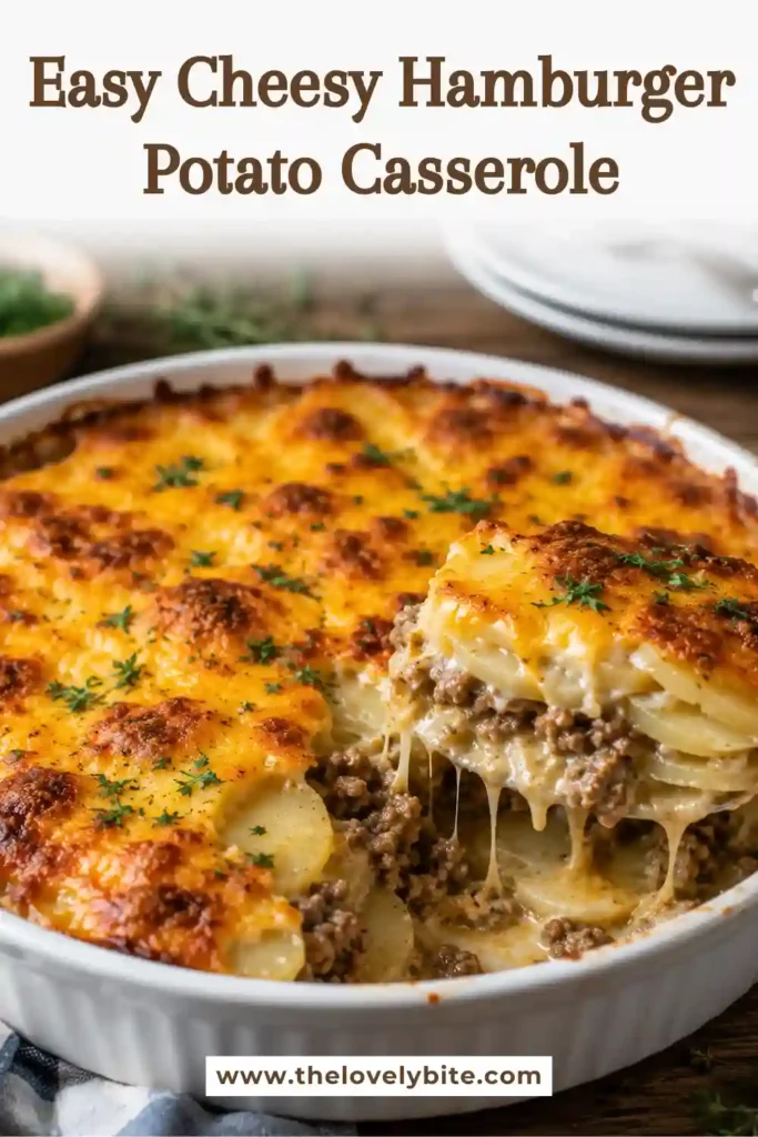 A close-up of Cheesy Hamburger Potato Casserole showing creamy potato layers and melted cheddar cheese over seasoned ground beef. A warm and satisfying family meal.