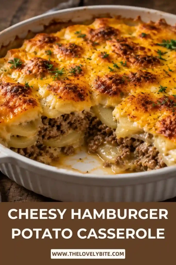 Cheesy Hamburger Potato Casserole served on a white plate with melted cheddar, tender potatoes, and flavorful ground beef. A classic American comfort food casserole.