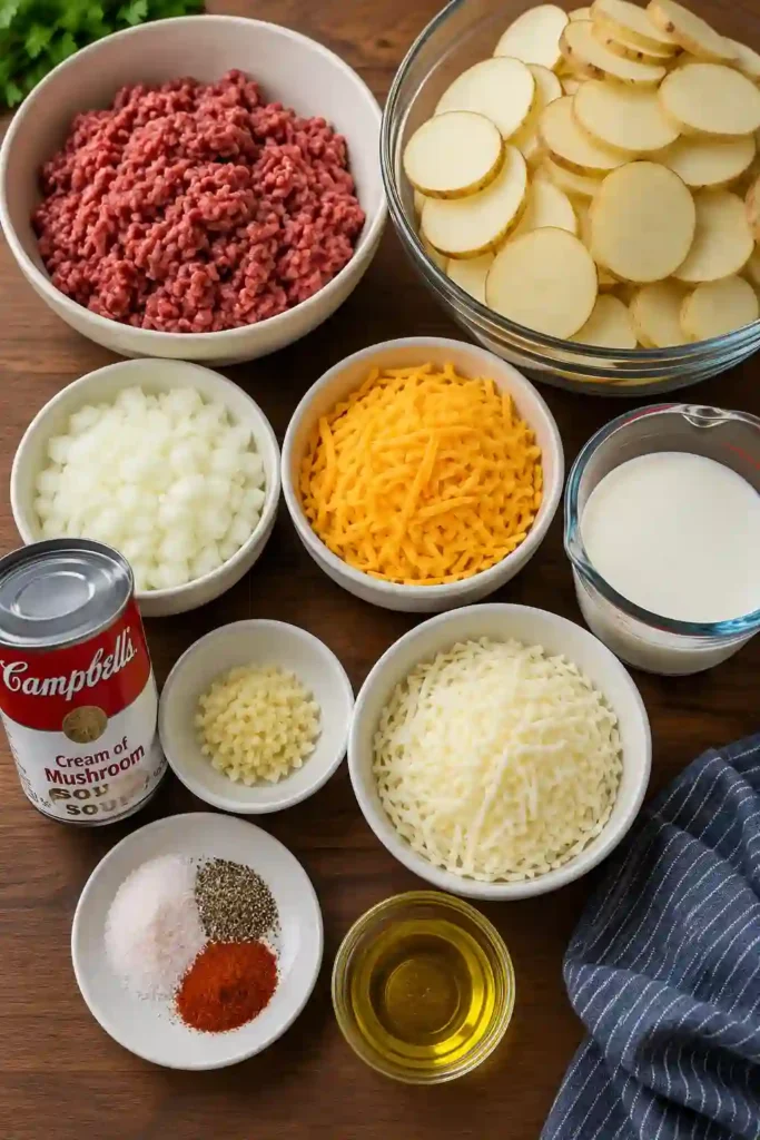 A freshly baked Cheesy Hamburger Potato Casserole with layers of tender potatoes, seasoned ground beef, and golden melted cheddar cheese. This comforting casserole is perfect for an easy family dinner.
