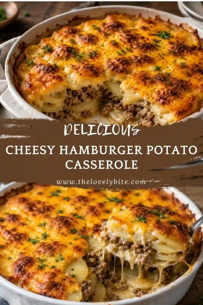 A baked Cheesy Hamburger Potato Casserole with crispy golden cheese topping and creamy potato layers in a casserole dish. Perfect for comforting family meals.