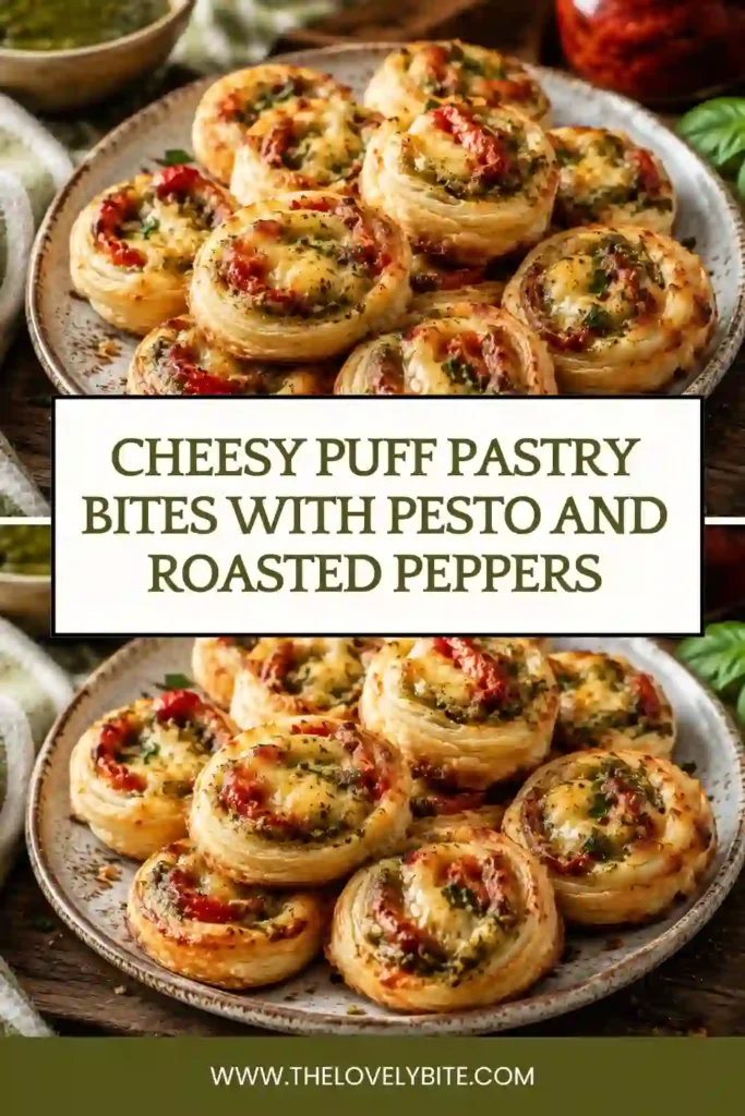 Homemade Cheesy Puff Pastry Bites with pesto and roasted peppers served warm as an elegant appetizer.