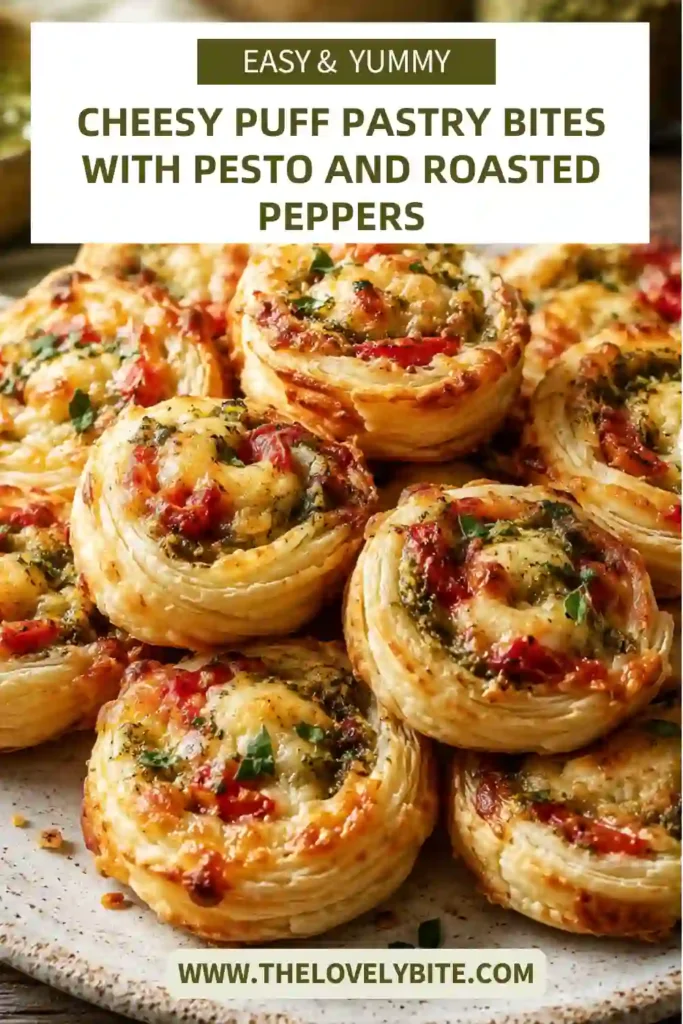 Flaky puff pastry pinwheels filled with basil pesto, melted Provolone cheese, and roasted red peppers.