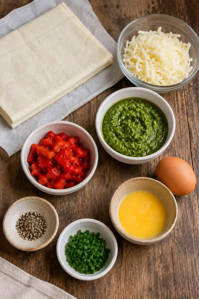 Golden puff pastry appetizers featuring melted cheese, pesto, roasted peppers, and fresh herbs.