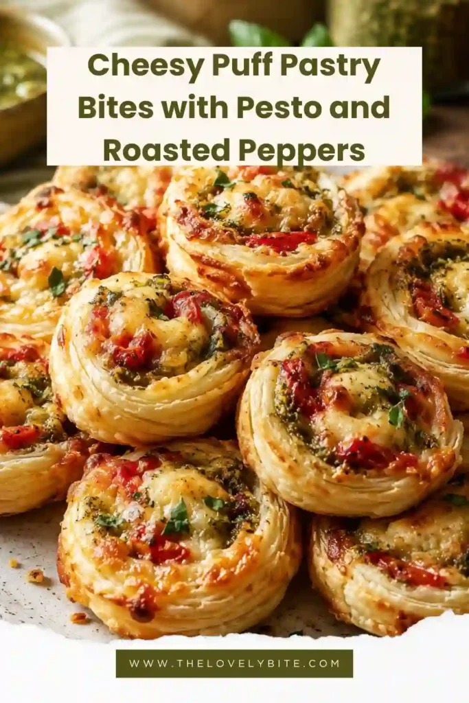 Cheesy Puff Pastry Bites with Pesto and Roasted Peppers baked until golden and garnished with fresh chives on a serving platter.