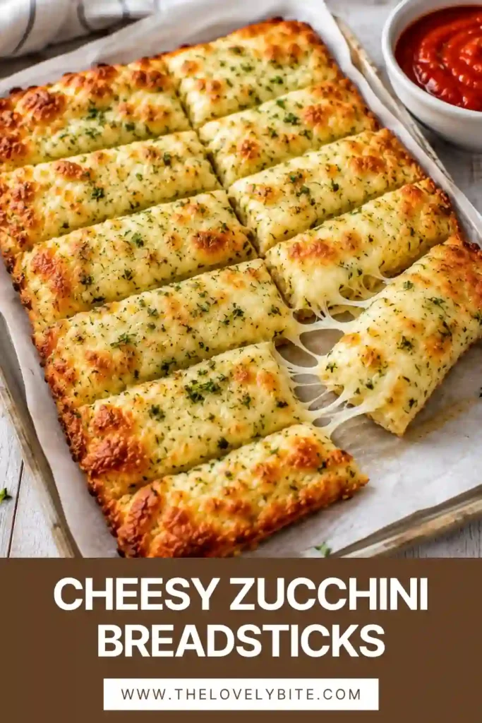 Golden Cheesy Zucchini Breadsticks topped with melted mozzarella and fresh parsley. These baked low carb breadsticks are crispy, cheesy, and perfect for dipping in marinara sauce.