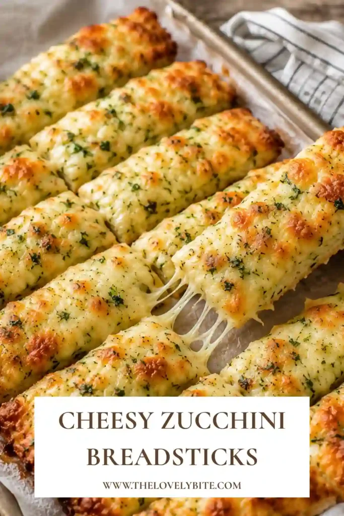 Homemade Cheesy Zucchini Breadsticks sliced into strips and served with marinara sauce. This cheesy zucchini recipe is a healthy and satisfying snack.