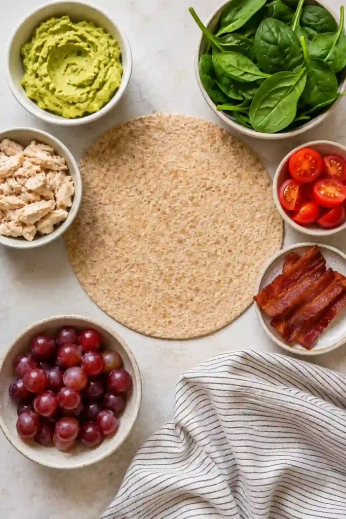 A freshly made Chicken Avocado BLT Wrap filled with shredded chicken, creamy guacamole, spinach, tomatoes, and crispy turkey bacon. Served with fresh grapes for a healthy, balanced lunch.