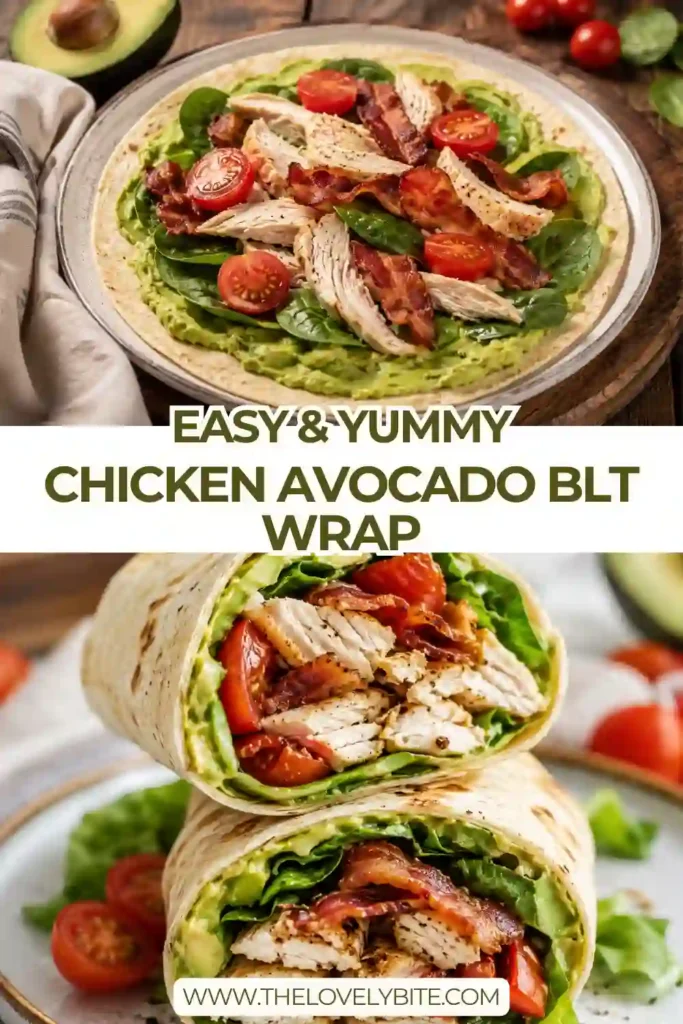 A sliced avocado chicken wrap packed with spinach, tomatoes, shredded chicken, and turkey bacon. A healthy whole wheat wrap served alongside sweet grapes.