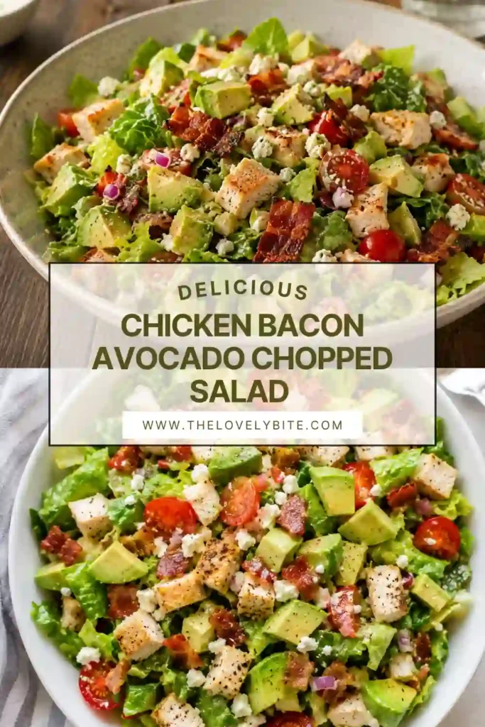 Healthy Chicken Bacon Avocado Chopped Salad served in a large bowl with crisp romaine lettuce, diced chicken, turkey bacon, avocado, tomatoes, and tangy vinaigrette. Ideal for meal prep and quick dinners.
