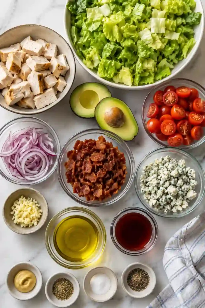 A bowl of Chicken Bacon Avocado Chopped Salad made with grilled chicken, crispy turkey bacon, avocado, cherry tomatoes, blue cheese, and romaine lettuce tossed in homemade vinaigrette. This colorful salad is fresh, healthy, and high in protein.