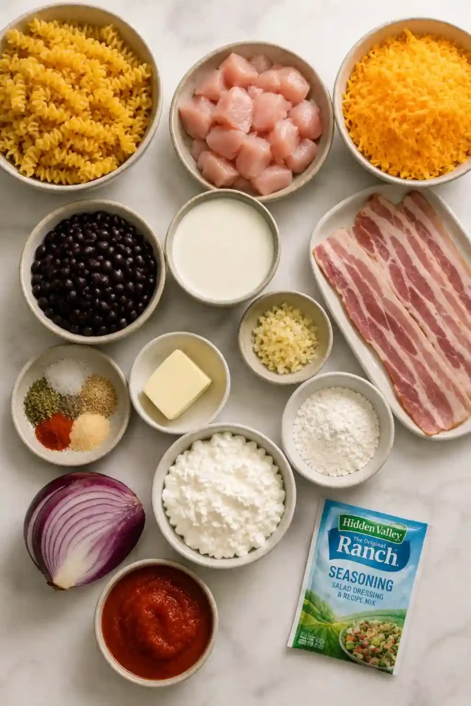 4. Rich and creamy chicken pasta with turkey bacon and melted cheddar cheese served fresh from the skillet.