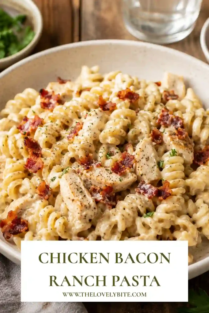 2. Close-up of cheesy chicken ranch pasta topped with crispy turkey bacon and fresh parsley for an easy family dinner.